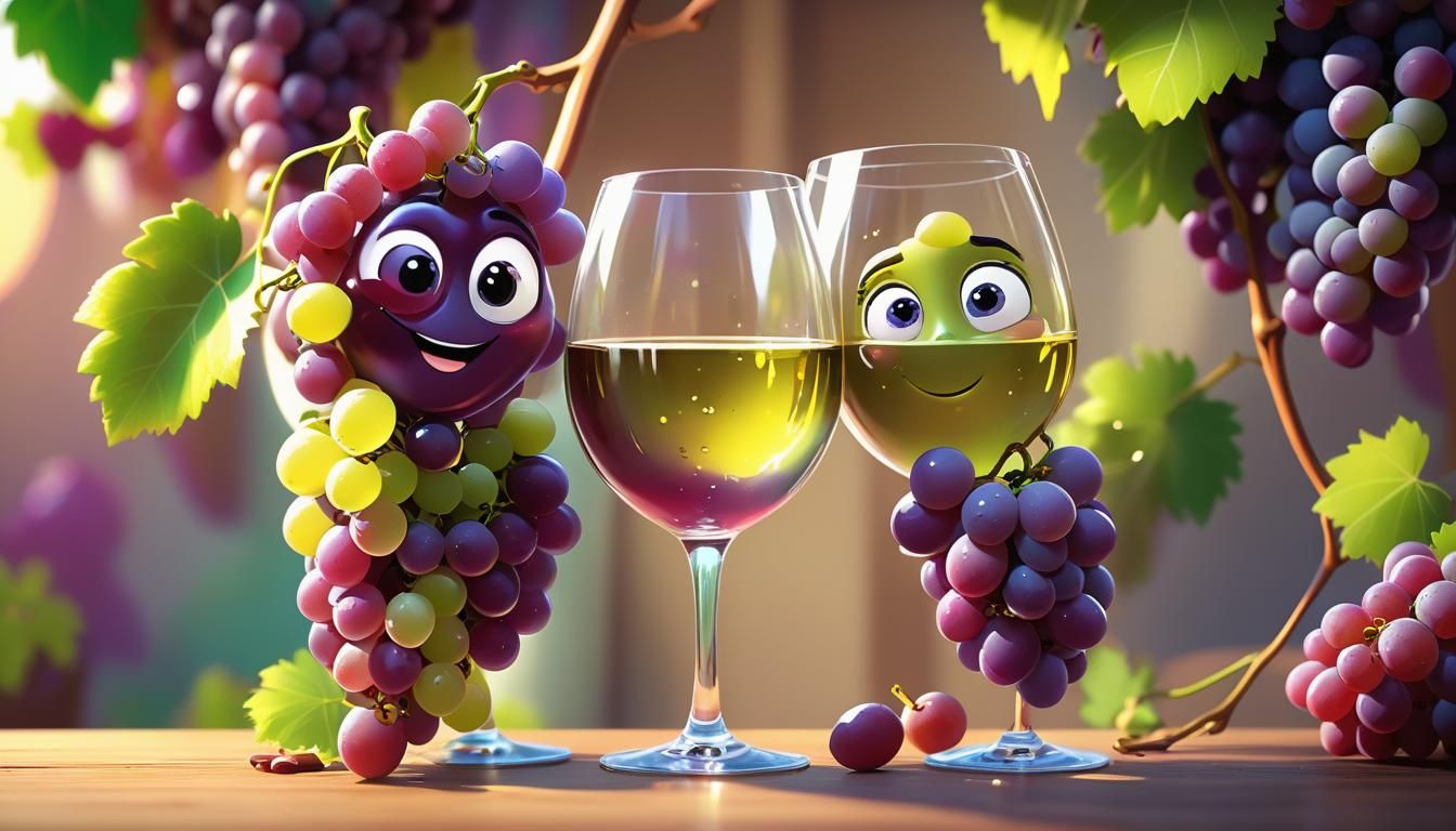 Cartoon Grapes Unite Around Wine Glass in Pixar Style
