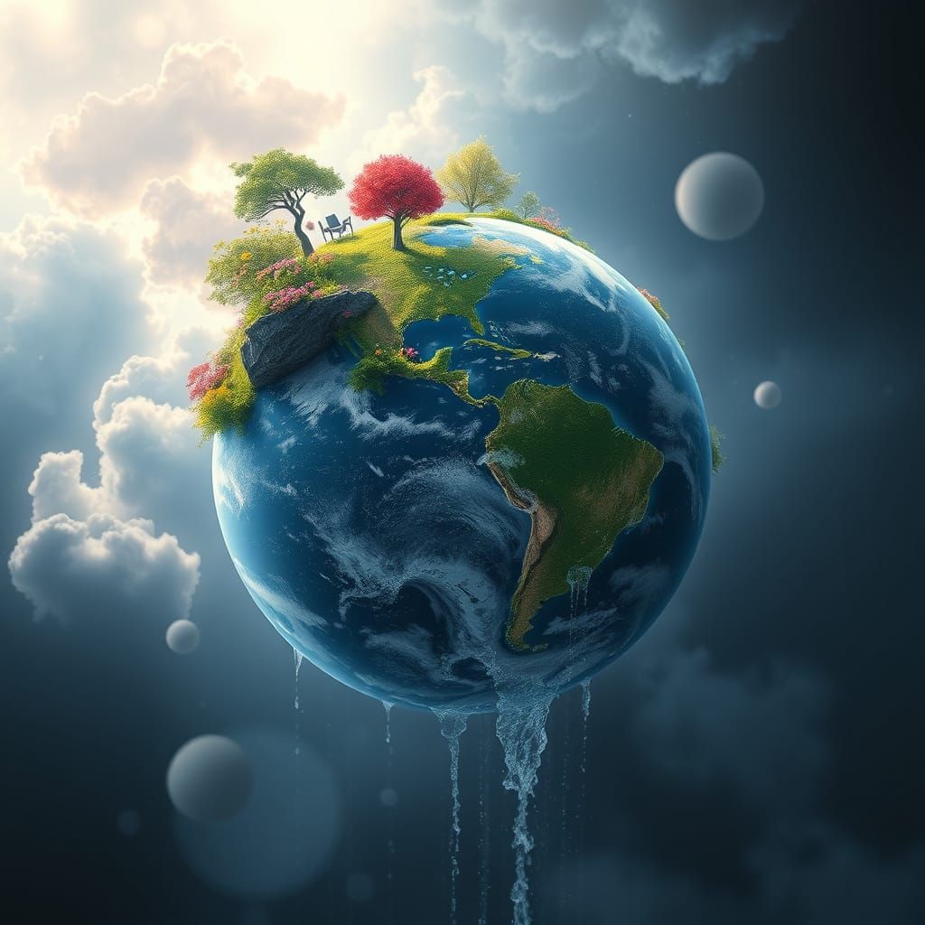 Earth Globe with Flowers and Waterfalls: Digital Matte Paint...