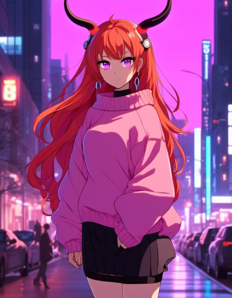 Anime demon girl, long dark orange hair, glowing purple eyes, wearing a <pink oversized sweater:1.0>, showing shoulders,...