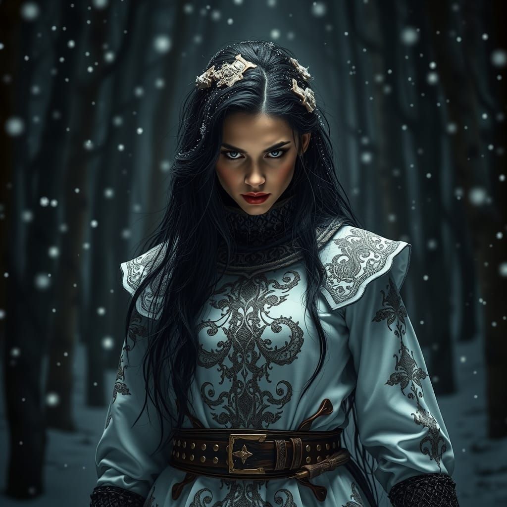 Woman Warrior in Snowy Forest: Hyperrealistic, Cinematic
