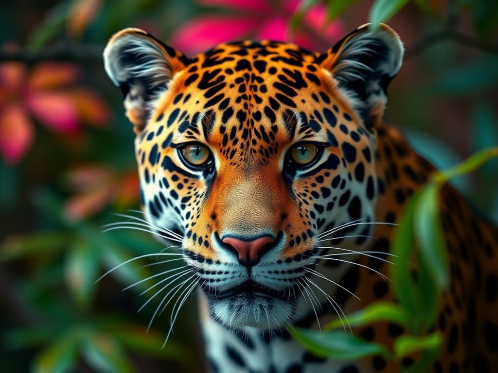 Jaguar Face in Rainforest: Hyper-Detailed Wildlife Portrait