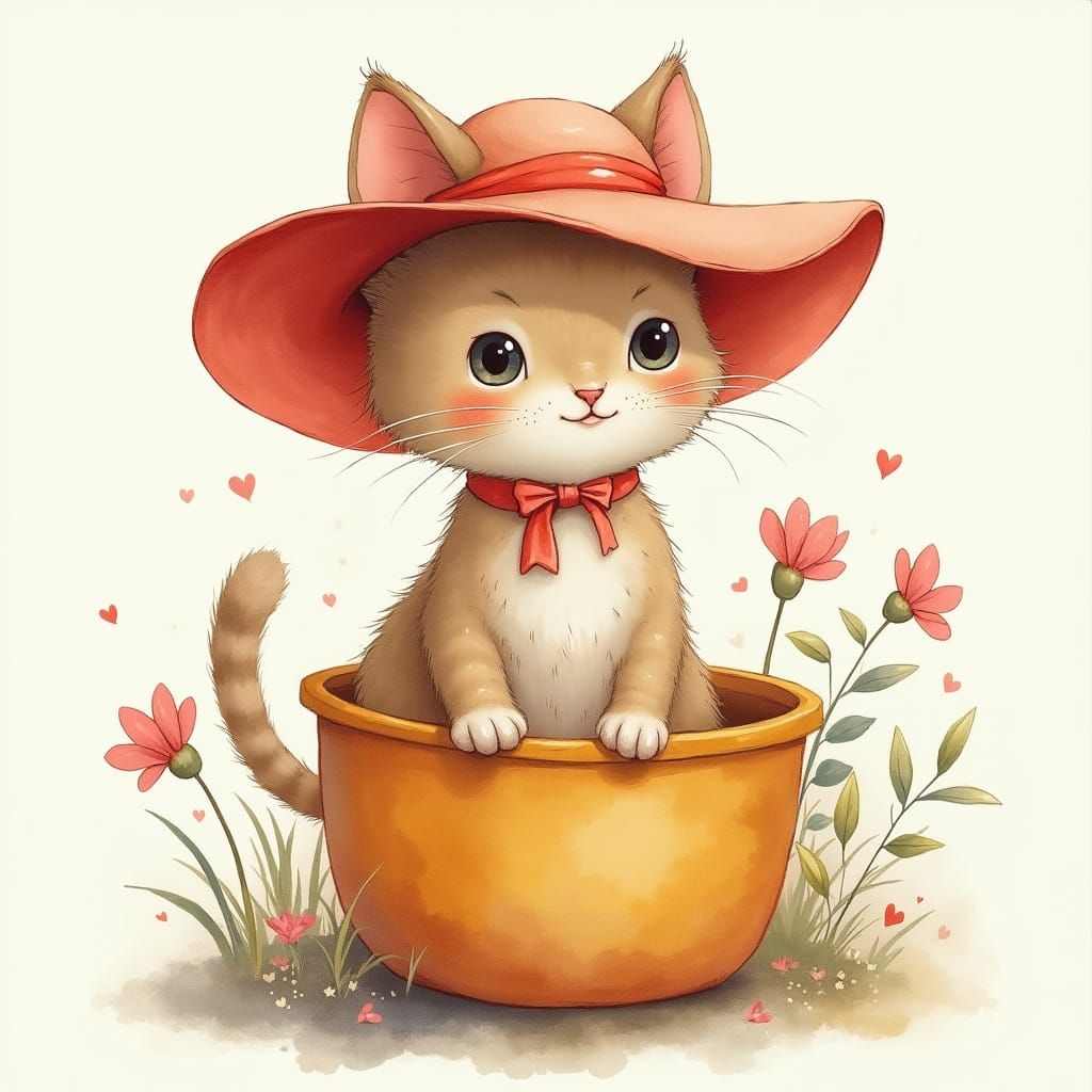Whimsical Cat in Oversized Hat, Watercolor Style