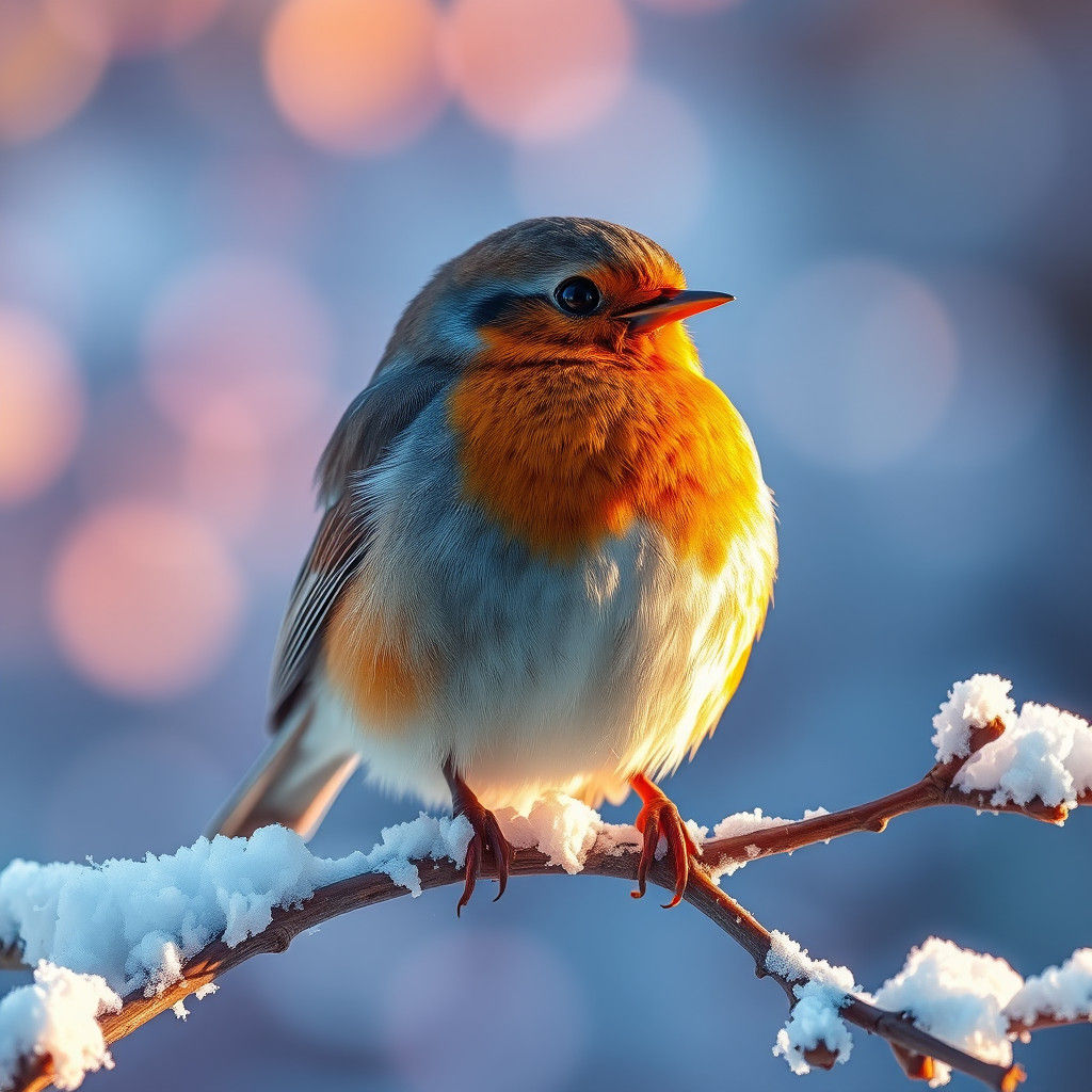 Robin on Snowy Branch in Winter Light