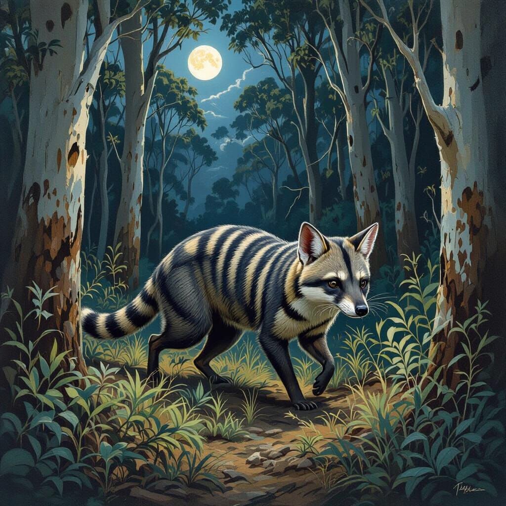 Thylacine in Eucalyptus Forest: Hyperrealistic Digital Paint...