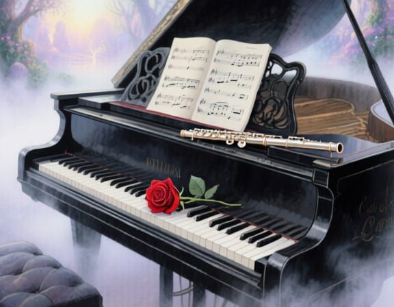 Ethereal Piano, Flute, and Rose in Mist