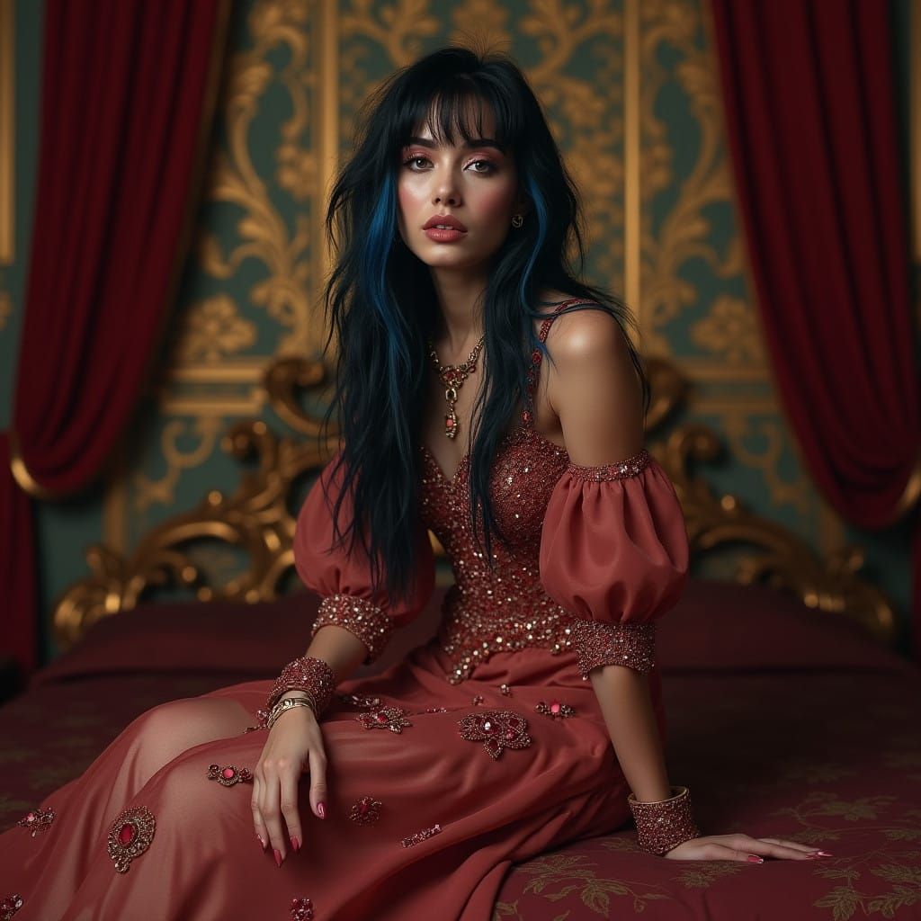 Exotic Beauty in Opulent Haute Couture, Dark Renaissance Bac...