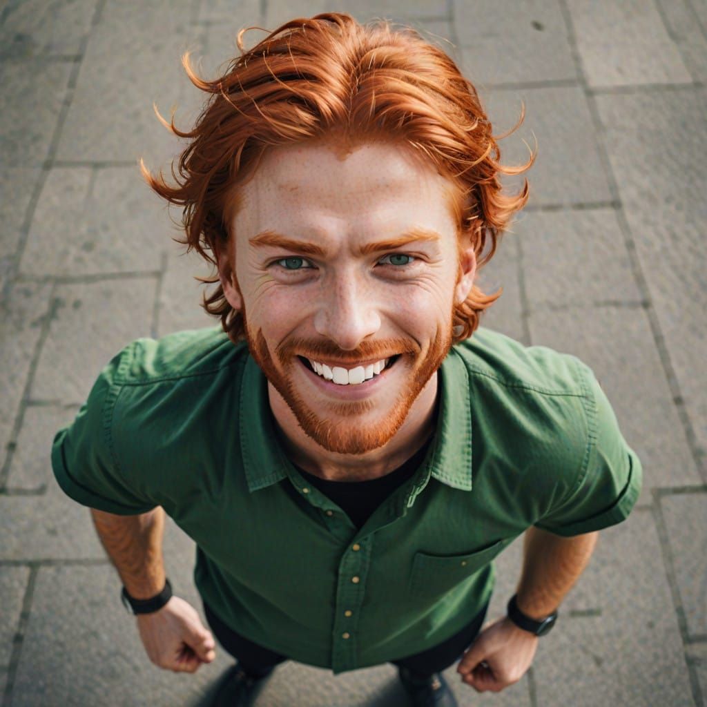 Vibrant Red Haired Hero Leaping with Joy
