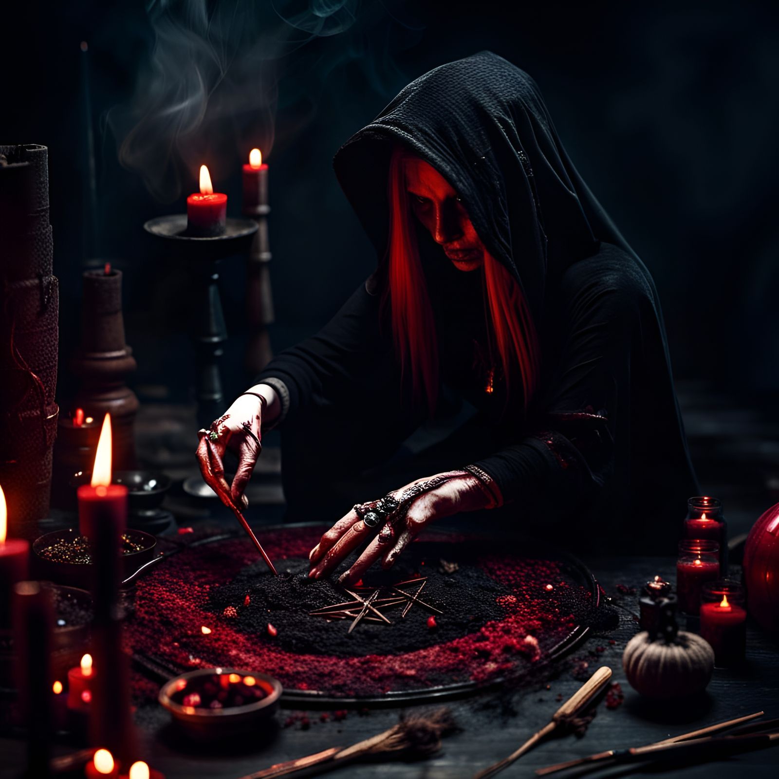 Bloody Girl Witch Prepares Dark Ritual Incense