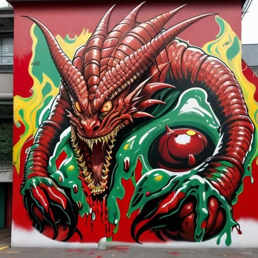 Surreal Bleeding Janus and Red Dragon, Graffiti Art