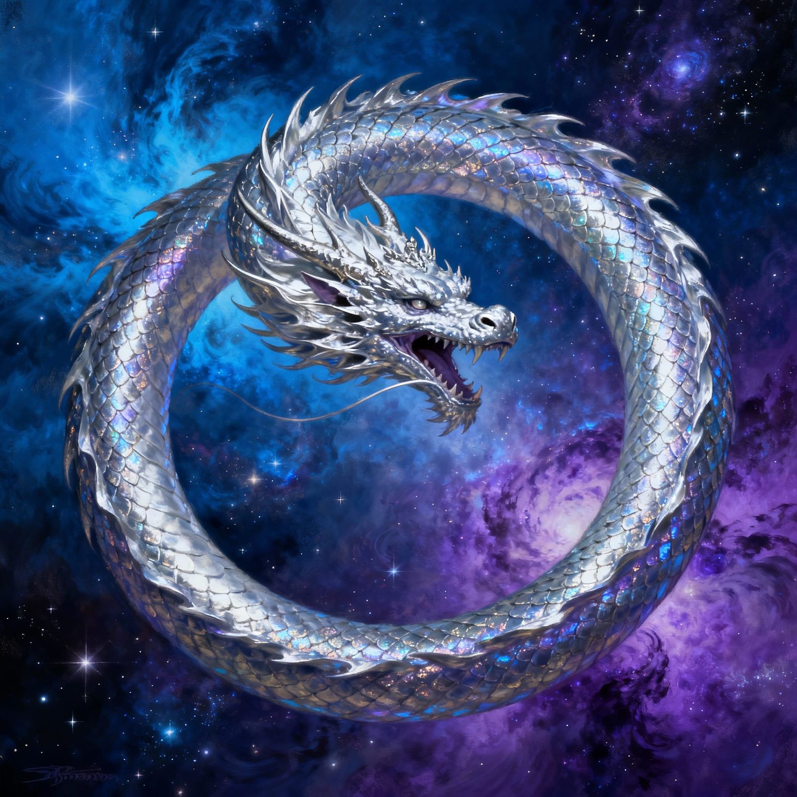 Silver Dragon Ouroboros in Cosmic Nebula