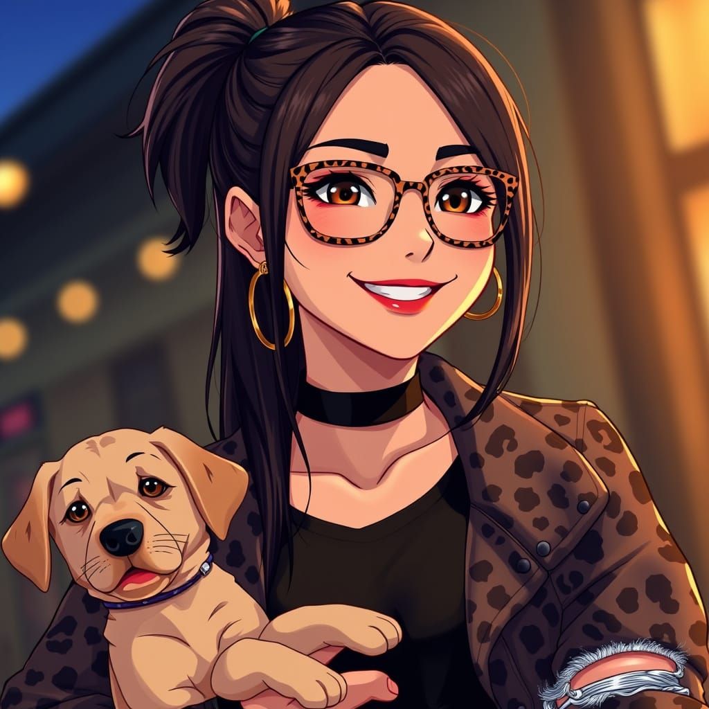 Italian Woman with Labrador Puppy in Anime-Inspired Style