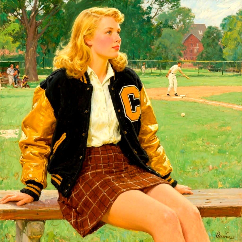 Nostalgic 1972 Oil Painting of Woman at Softball Game