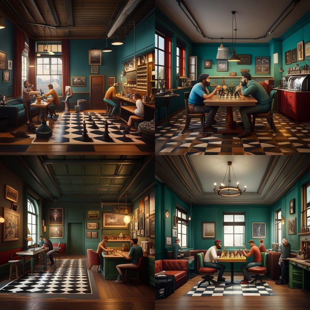 Hipster Coffee Shop Chess Game: Detailed Matte Painting