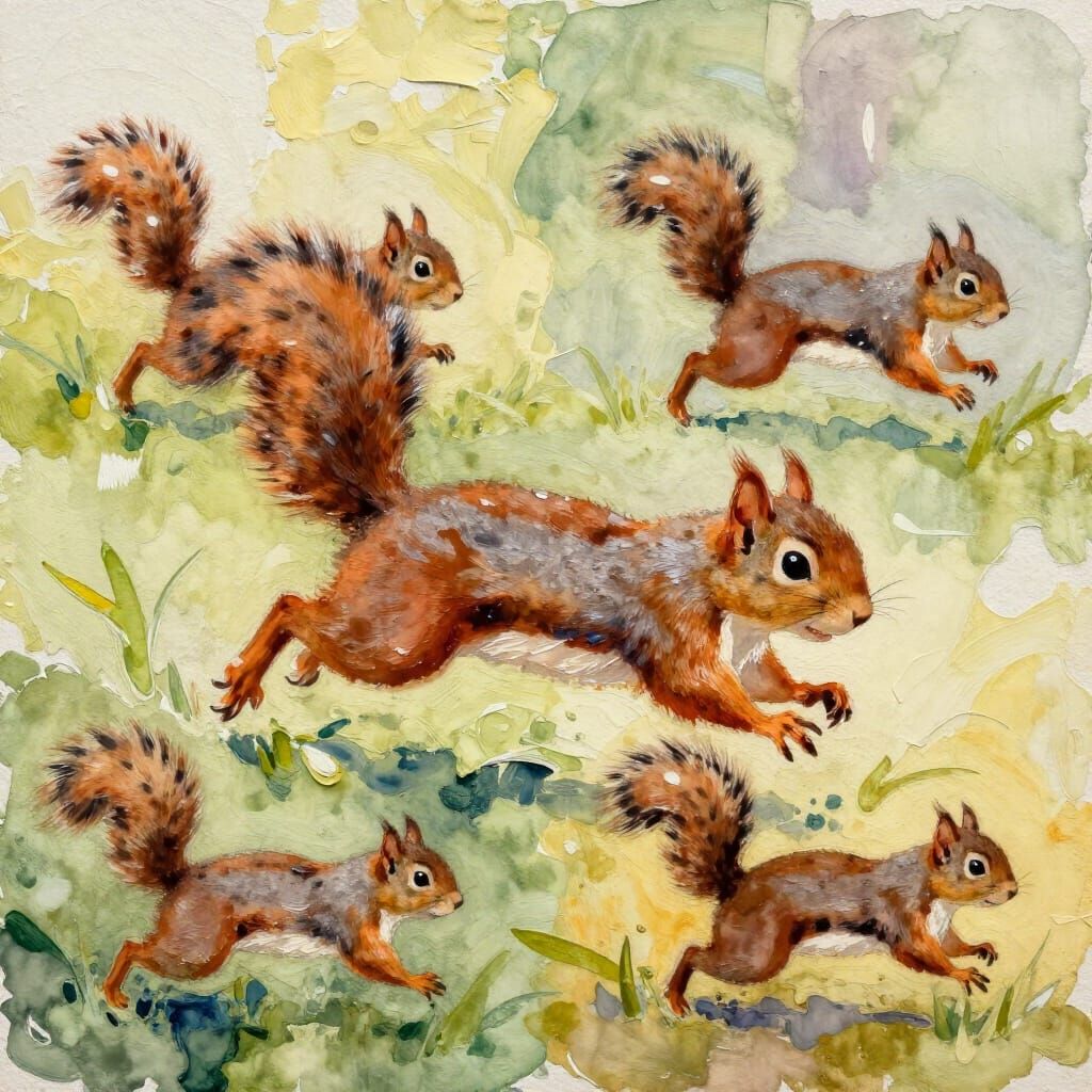 Squirrel's Journey Through Seasons in Watercolor Style