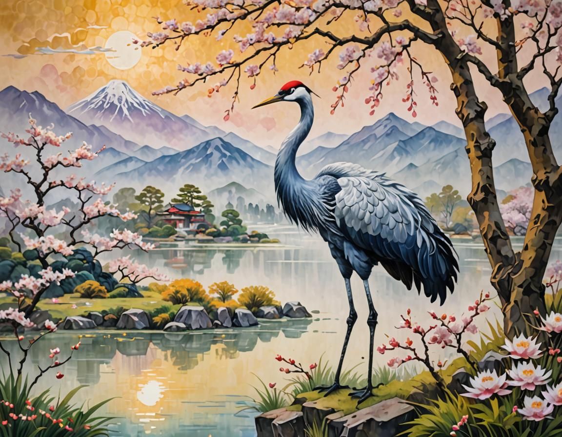 Majestic Crane in Impressionist Landscape with Cherry Blosso...