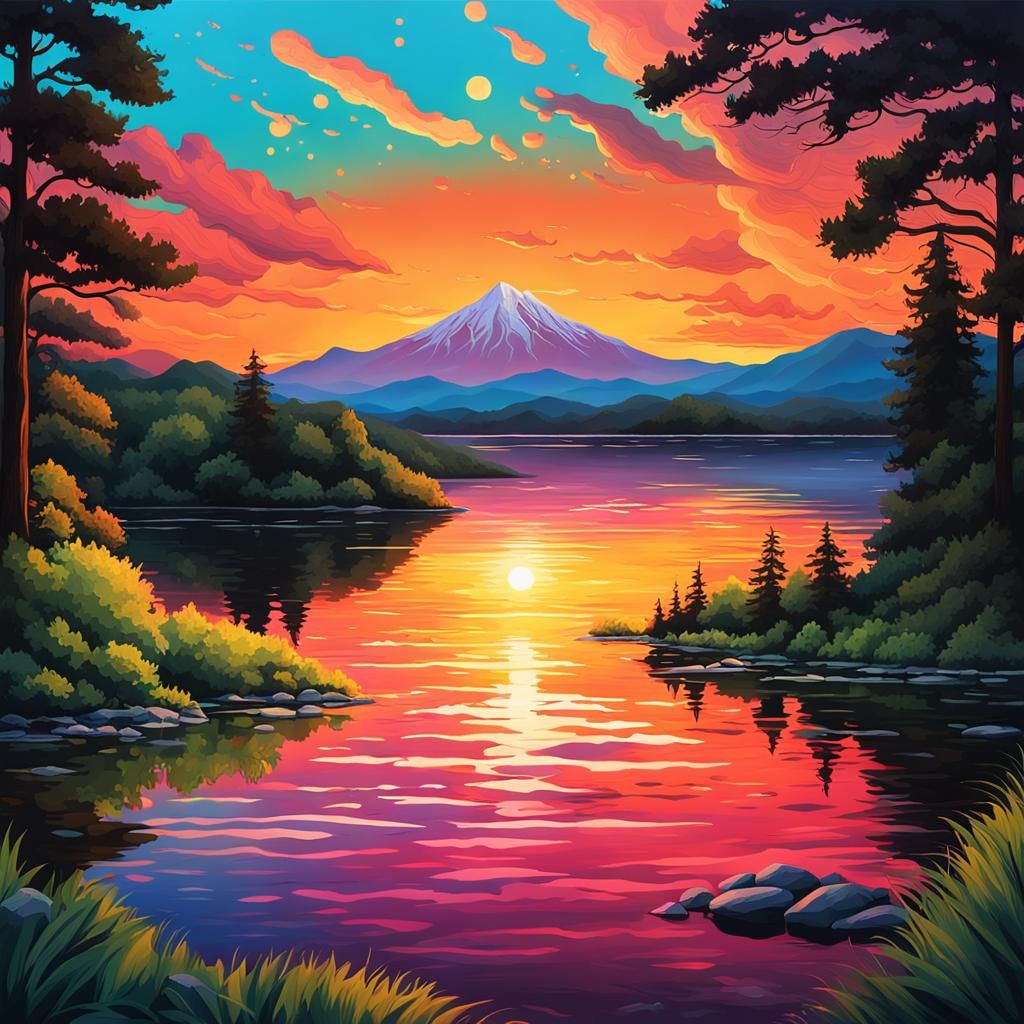 Tranquil Lake at Sunset in Splash Art Style
