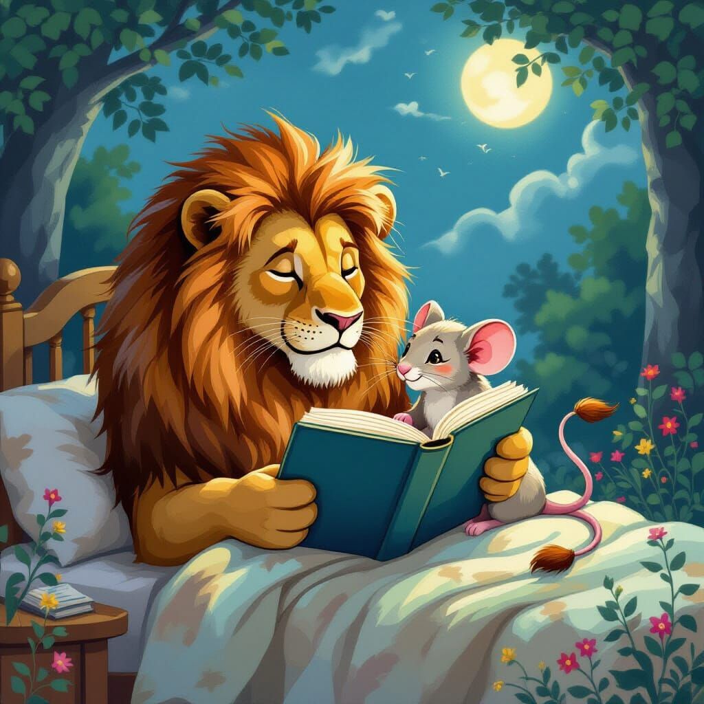Lion and Mouse Share Bedtime Story in Classic Fairy Tale Pai...
