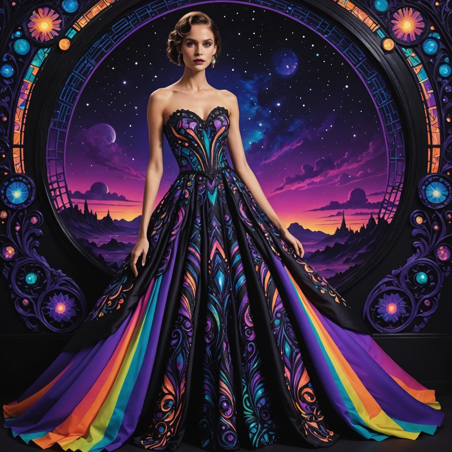 Vibrant Neon Formal Dress in Art Deco Style