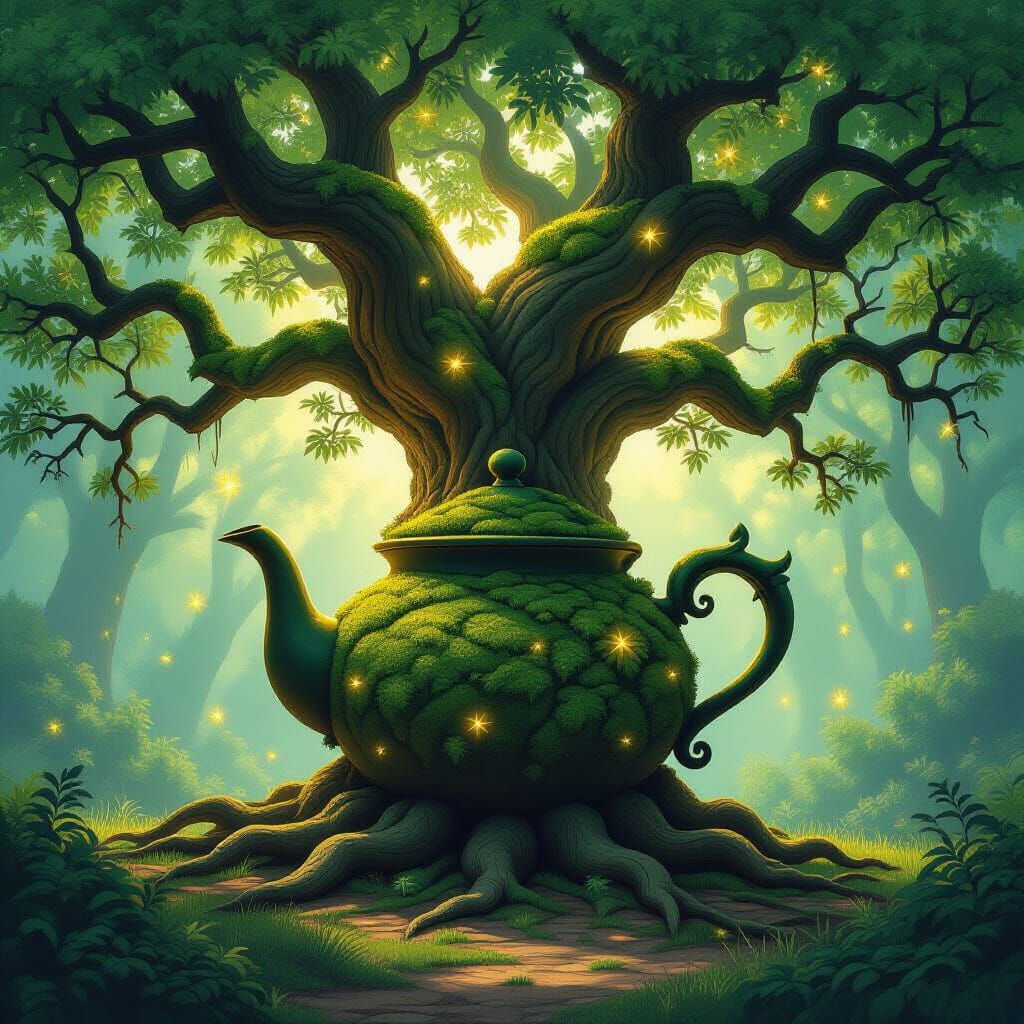Ancient Oak Tree Roots Form Teapot in Mystical Forest