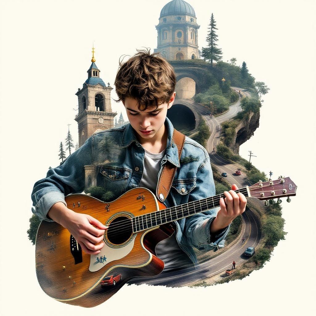 Miniature World Inside Guitar Double Exposure