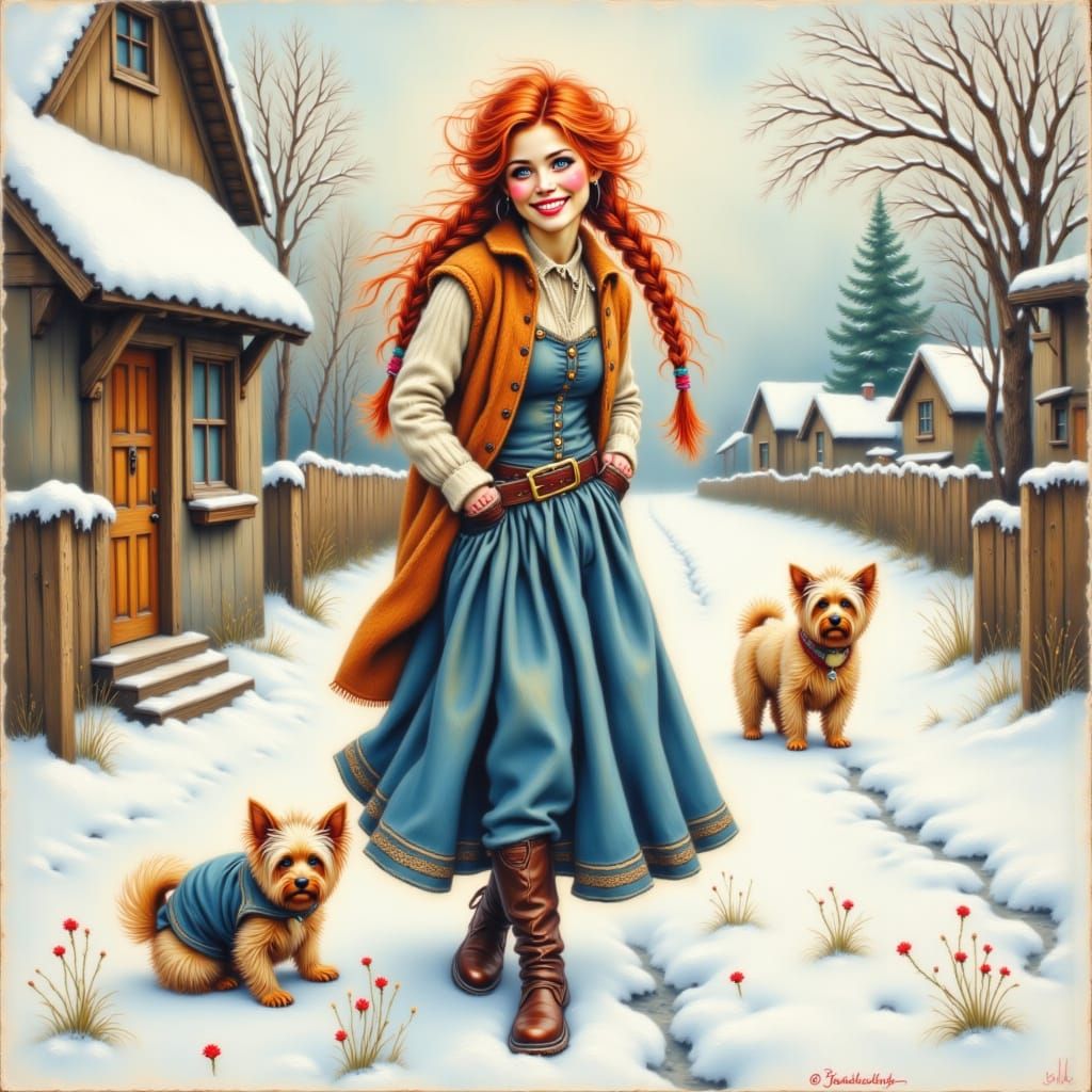 Joyful Woman and Dog in Snowy Village, Watercolor Style