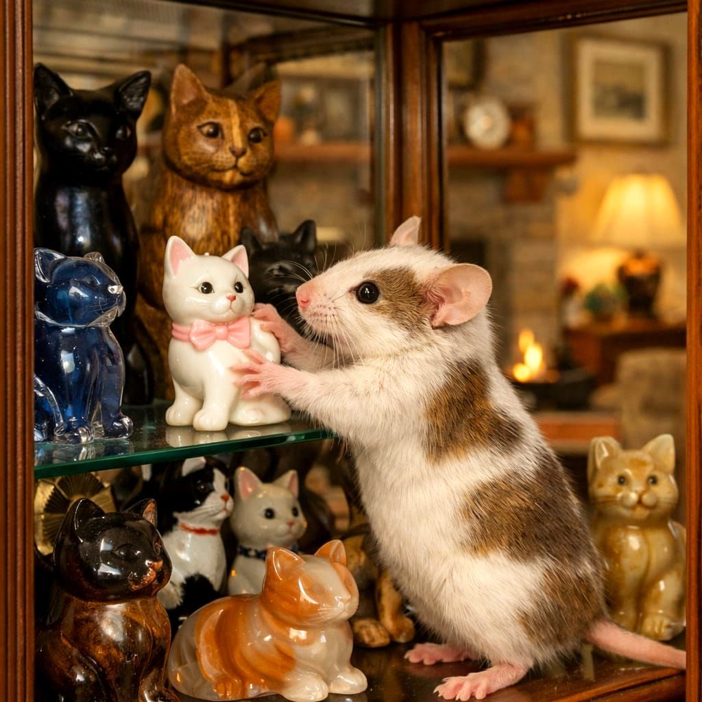 Mouse Arranges Cat Figurines in Curio Cabinet