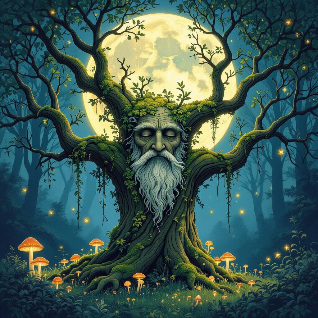 Mystical Tree with Face in Moonlit Art Nouveau Forest