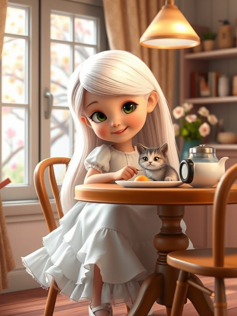Girl and Kitten Breakfast: 3D Animation Art