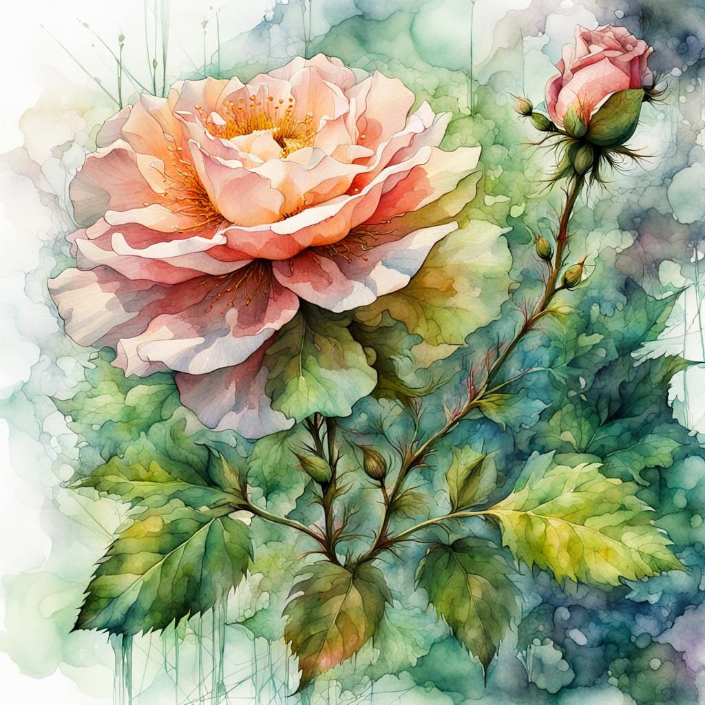 Fantasy Watercolor Rose Double Exposure by Waterhouse