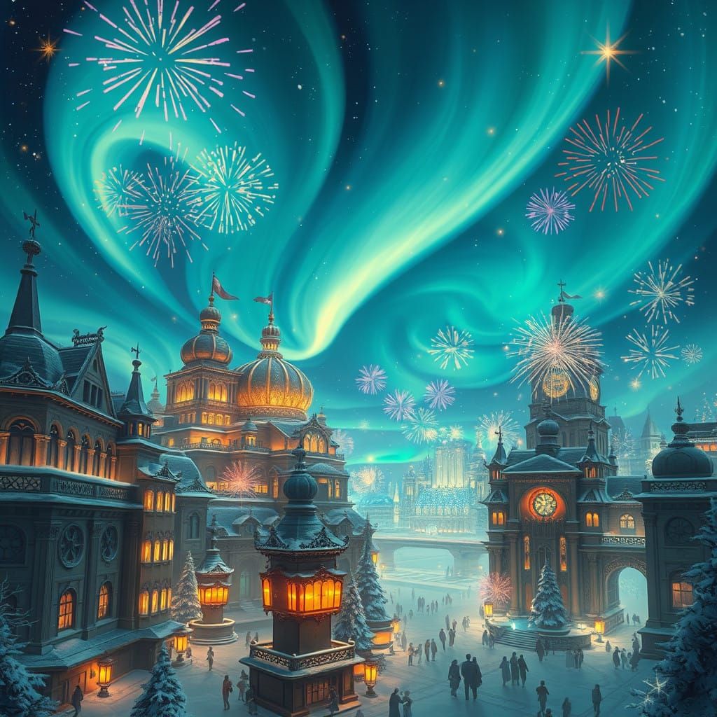 Dreamlike New Year's Eve Celebration in a Whimsical Cityscap...