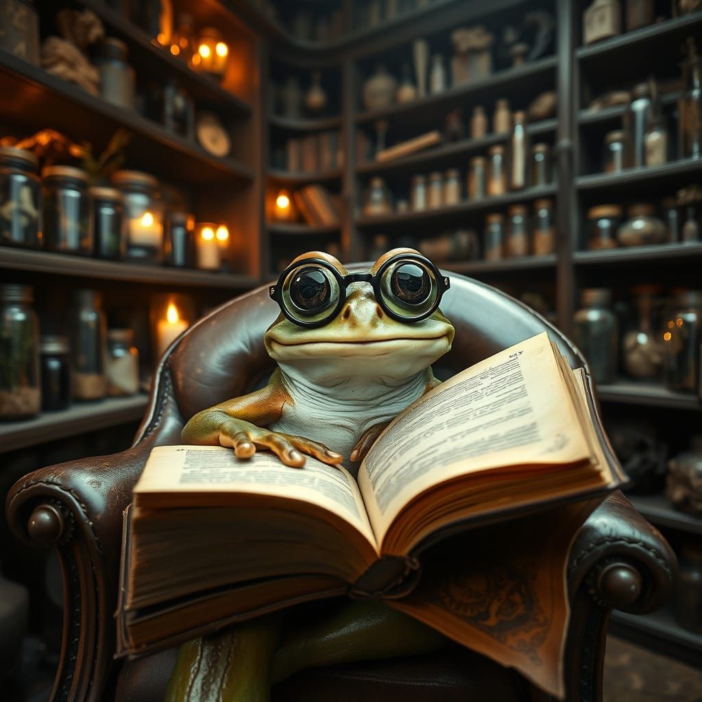 Enchanted Scholar Frog in Vintage Library