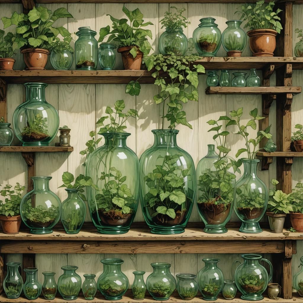 Vintage Still Life of Glass Vases and Greenery in Rustic Woo...