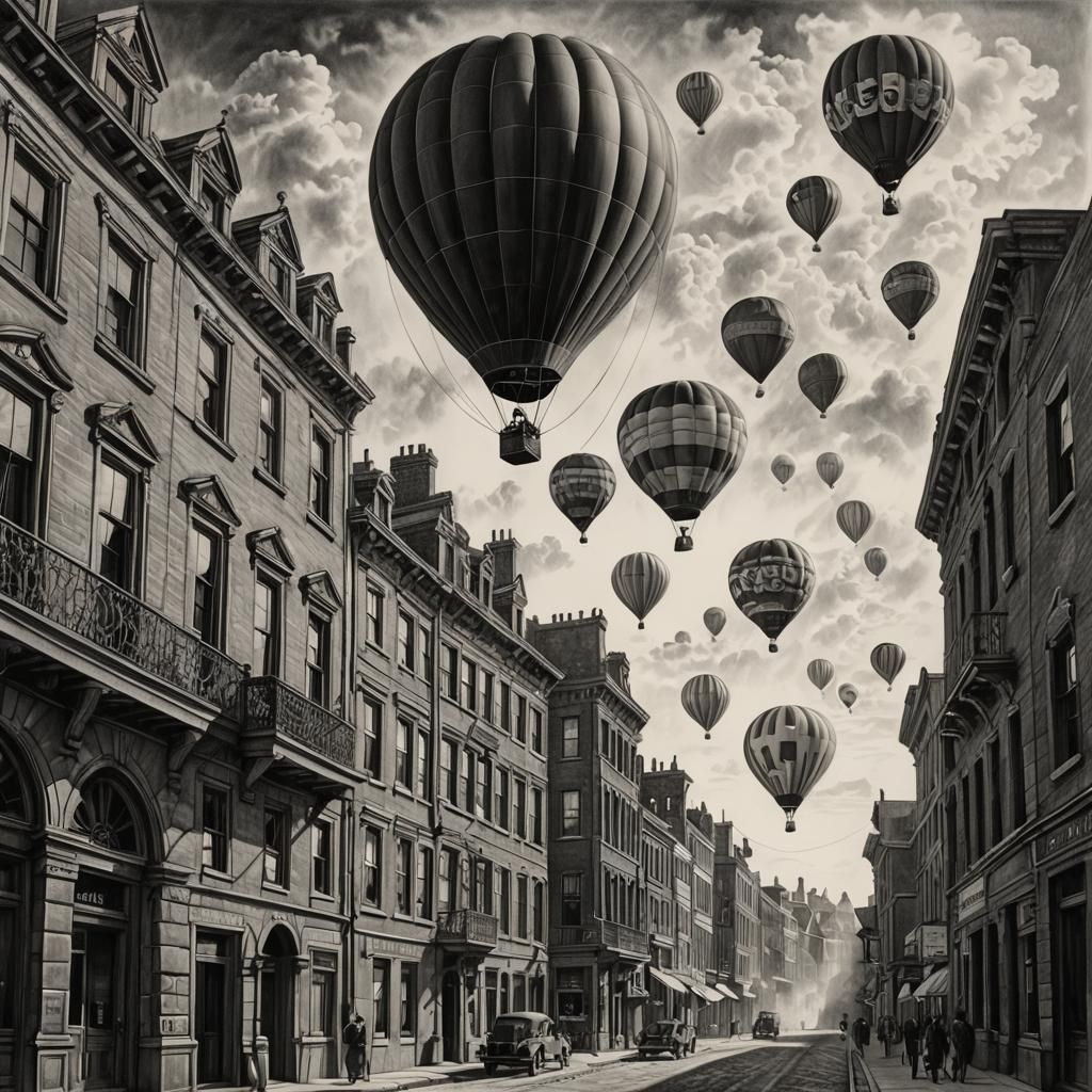 Hot Air Balloon Charcoal Drawing in Hyperrealism Style