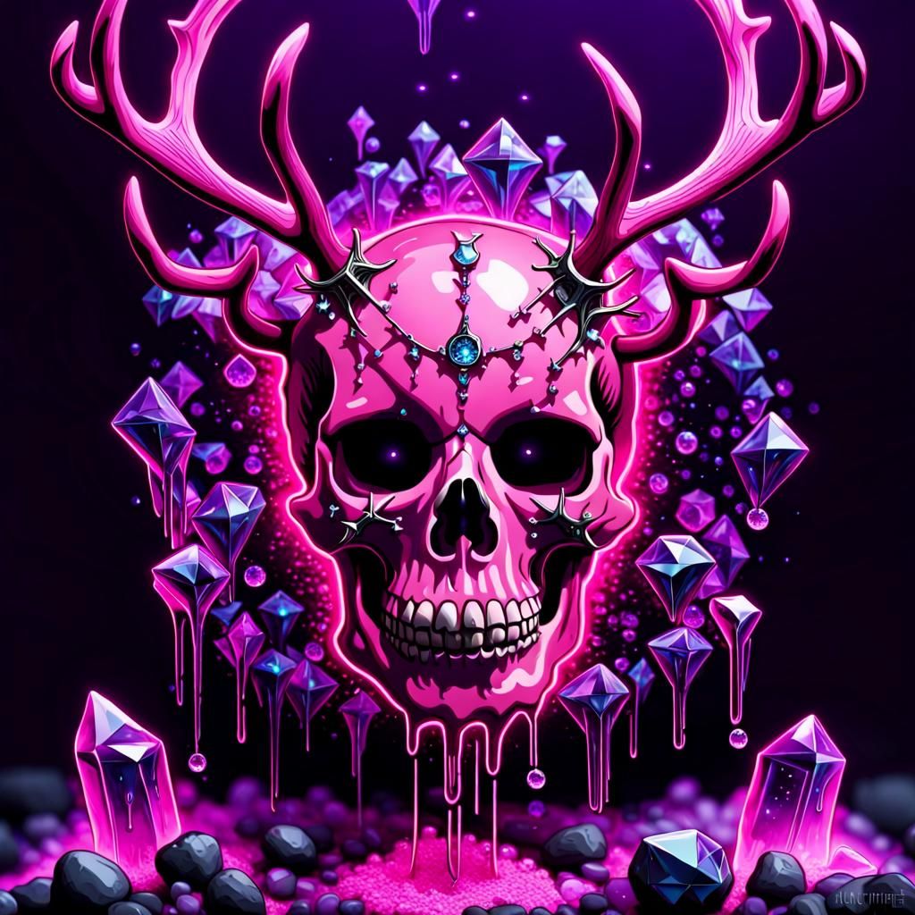 Neon Skull with Antlers, Crystals and Runes