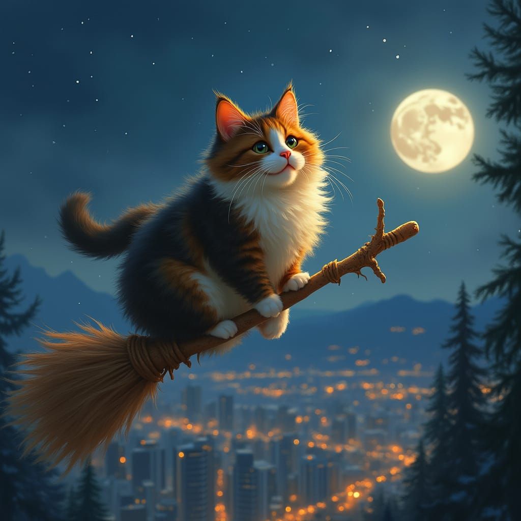 Calico Cat Soaring Over Vancouver, Hyperrealistic Whimsical ...