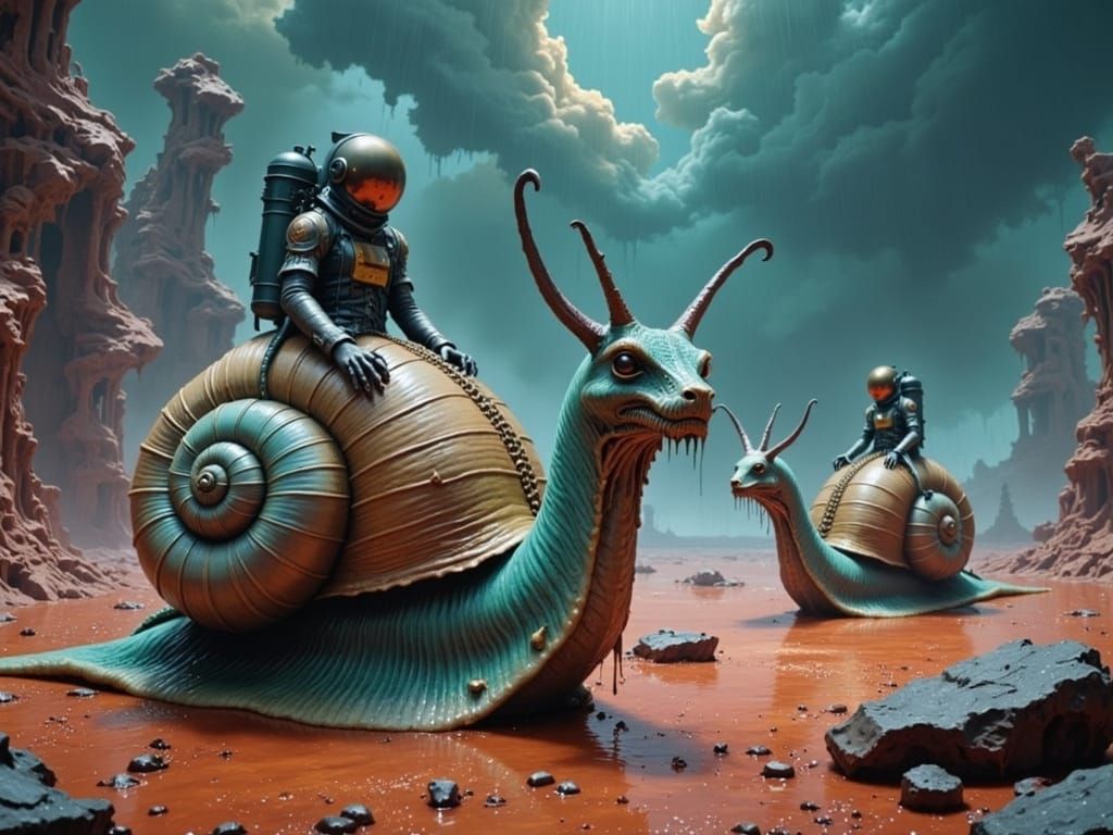 Baroque Martian Snail Rides in Crimson Twilight