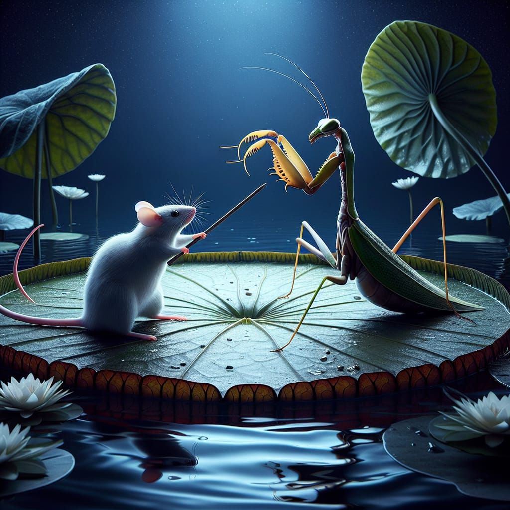 Mantis and Mouse Confrontation in a Serene Nighttime Scene