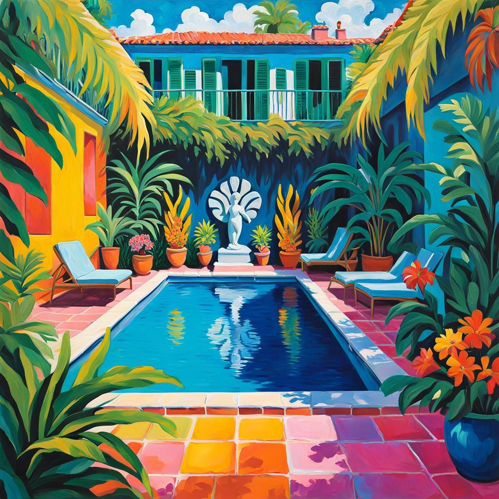 Tropical Patio in Neo-Impressionistic Style