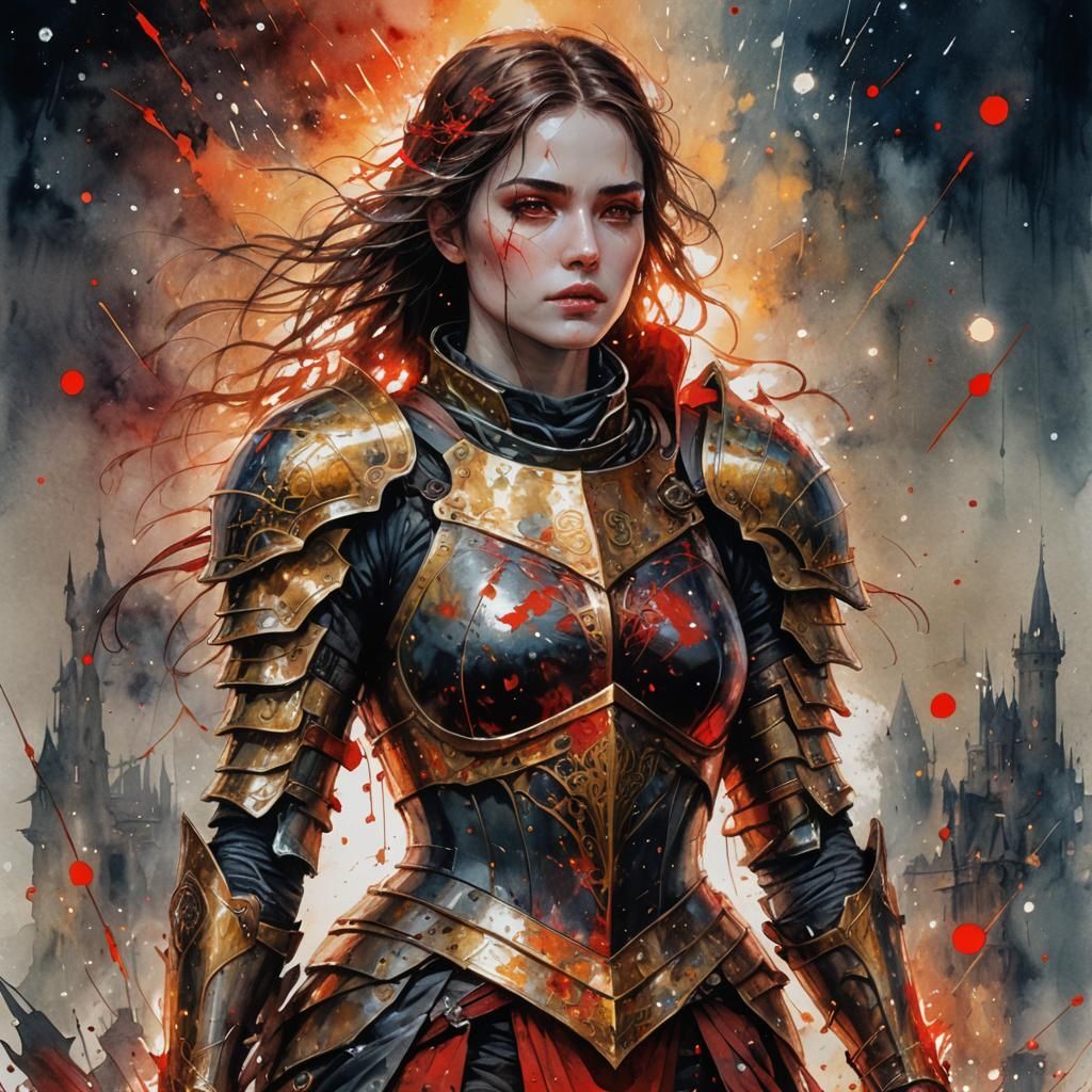 Beautiful Knight in Gold Armor, Digital Watercolor Art