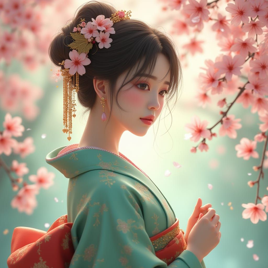 Geisha in Serene Cherry Blossom Scene with Mint Kimono