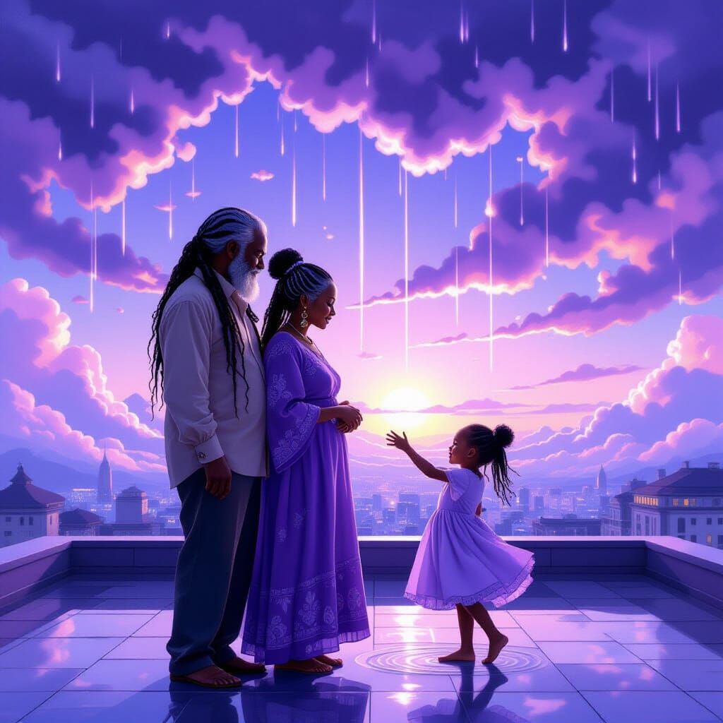 A surreal rooftop scene above drifting clouds, gently illuminated by ethereal lavender light. Violet rain falls—not as d...