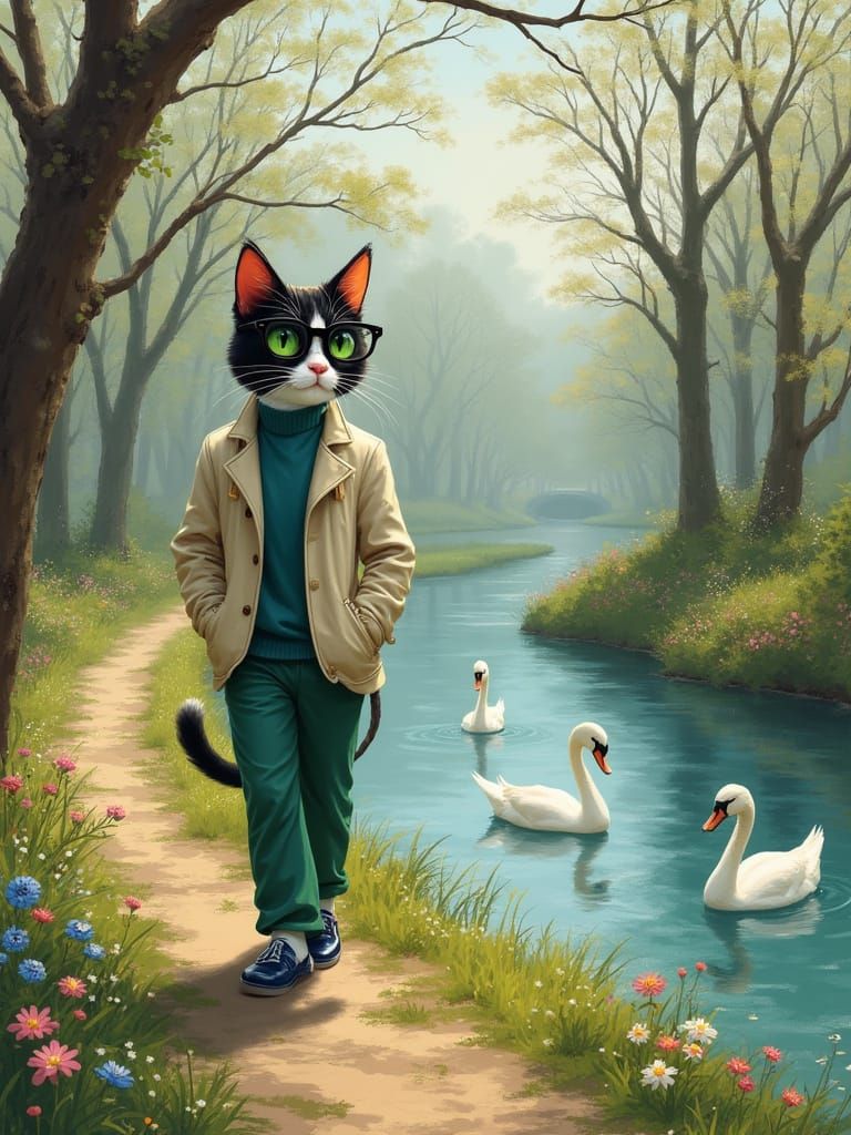 Refined Cat Strolls Along Serene River in Spring