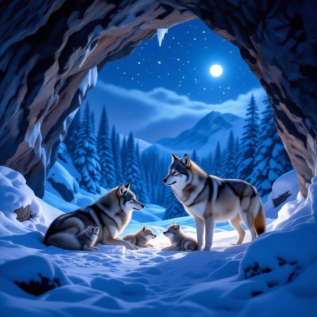 Wolf Pack in Snowy Cave at Night