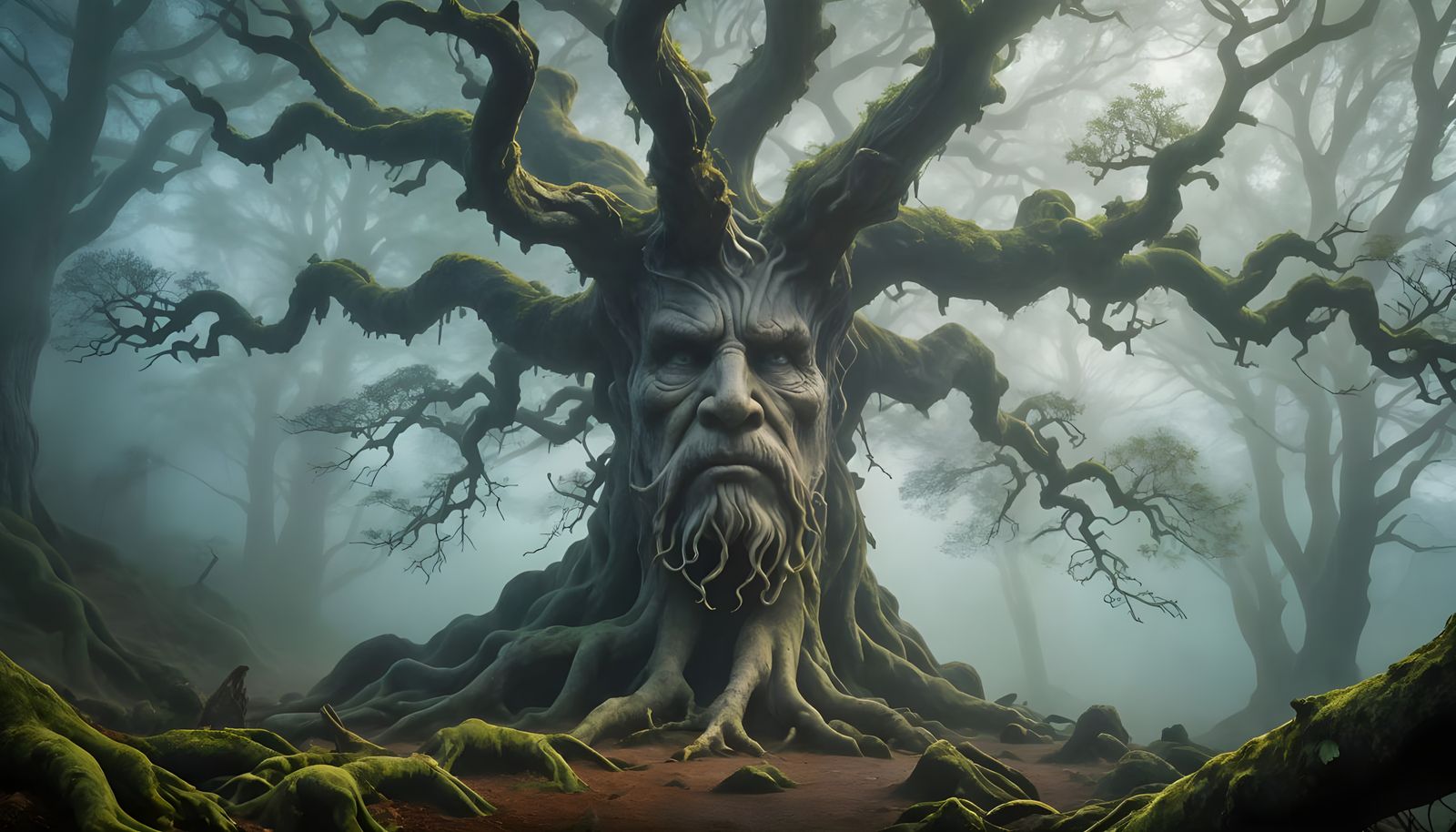 Ancient Oak Tree Face in Misty Forest