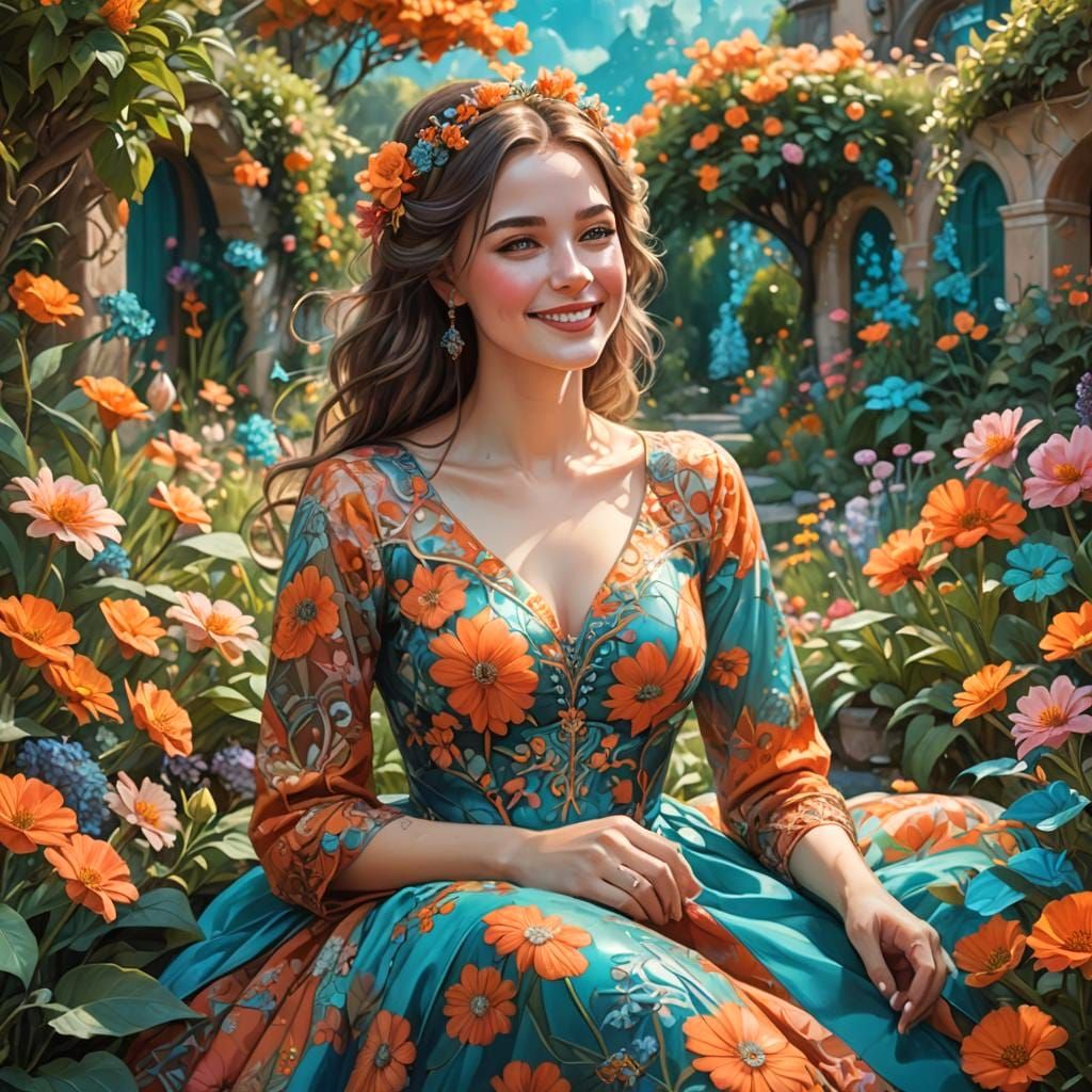 Beautiful Woman in Garden, Fantasy Art