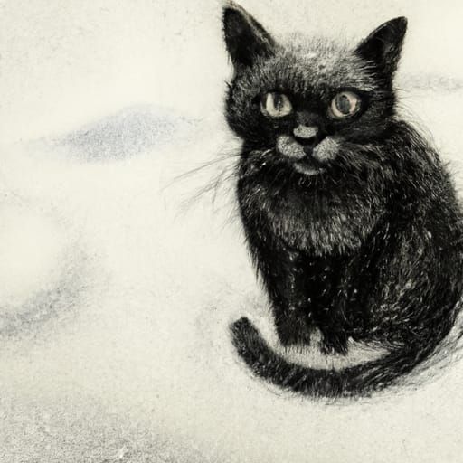 Charcoal Drawing: Black Cat Alone in Snow
