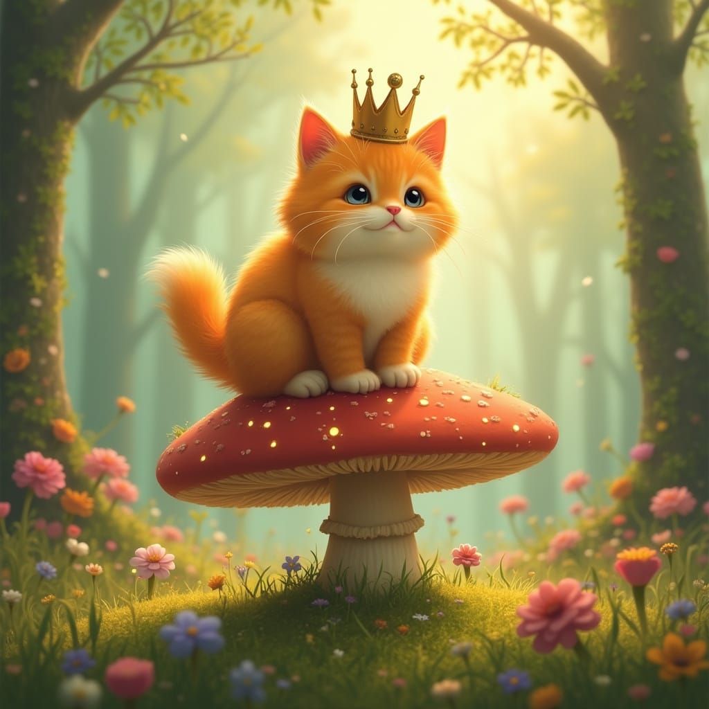Crowned Cat on Mushroom in Enchanted Forest