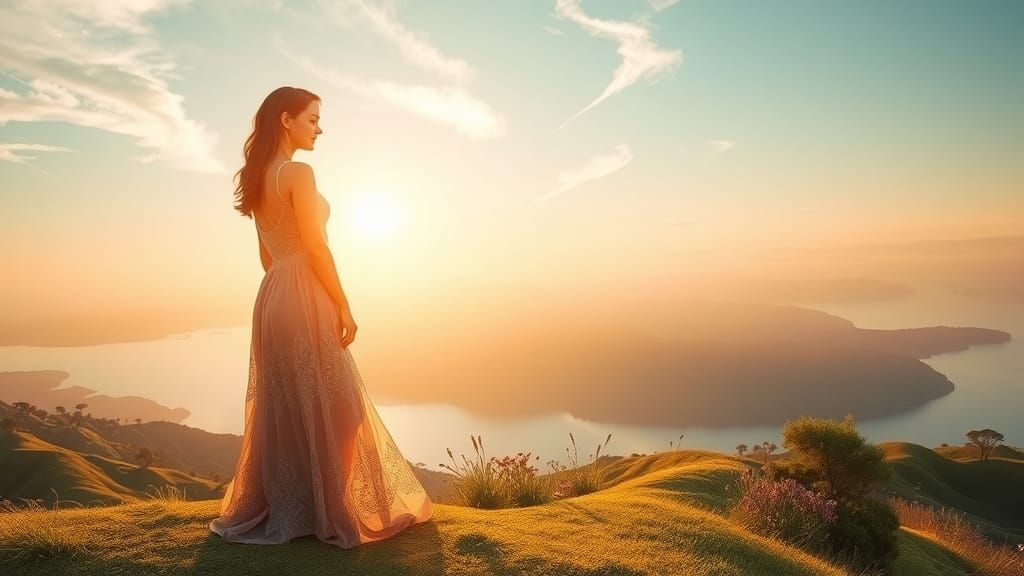 Sunrise Serenity: Woman by Lake in Futuristic Realism