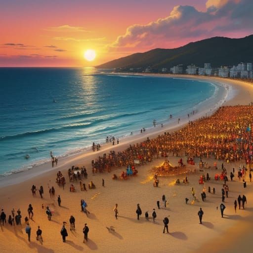 Golden Hour Beach Crowd in Cinematic Style