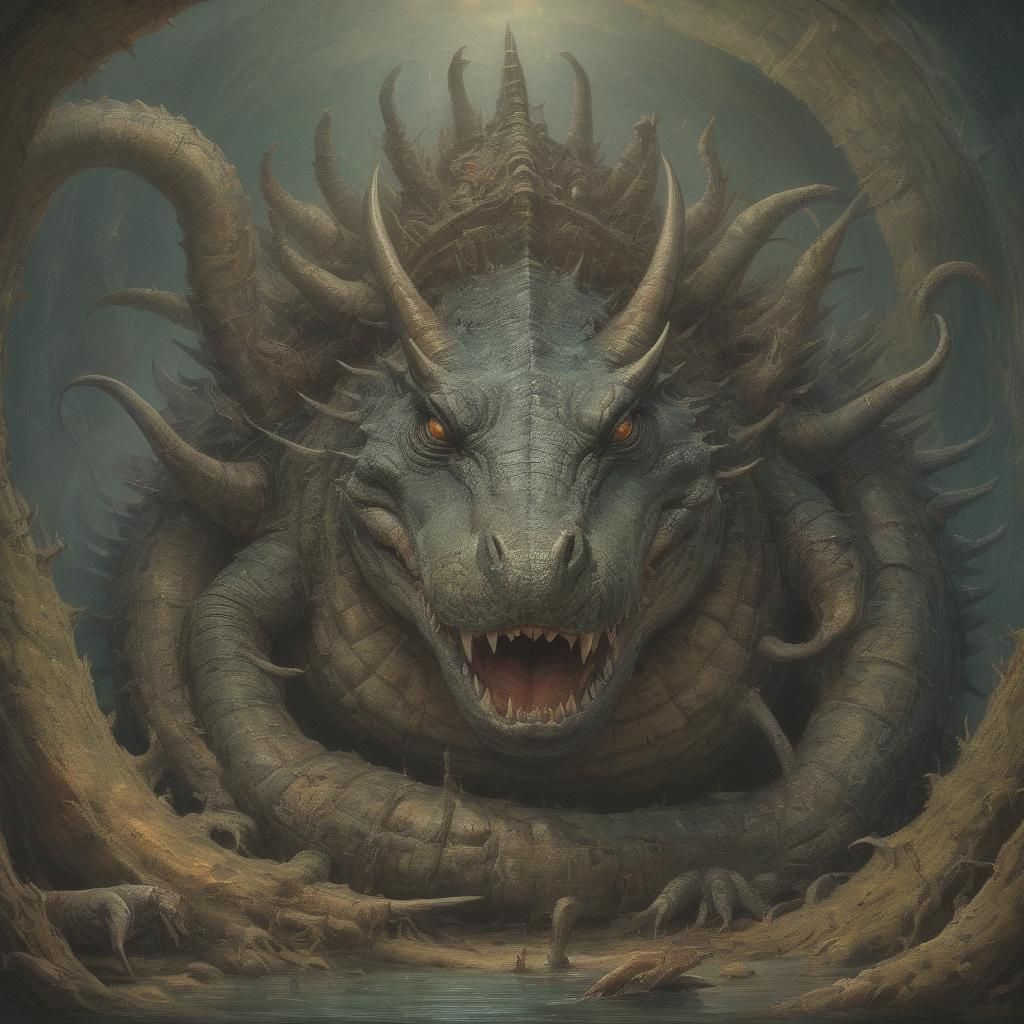 “Giant crocodile with Ram Horns in a Snail Shell” detailed digital painting, deep colors, fantastic and intricate detail...